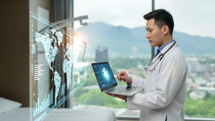 Doctor Analyzing Global Medical Data on Futuristic Digital Interface in Modern Hospital, 4k - Powered by Adobe