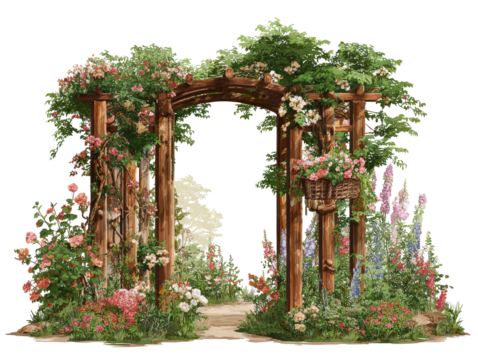 Rustic wooden garden archway illustration with climbing pink roses and lush foliage. - Powered by Adobe