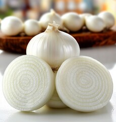 White Onion Still Life Close-up Composition of Whole and Sliced Onions, Food Photography, Culinary, Vegetables Onion, Food Photography