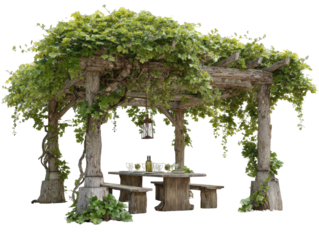 Rustic wooden pergola with a dining table and benches covered in lush green grapevines.