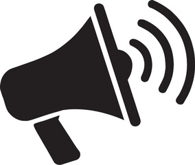 Black and White Vector Graphic of a Megaphone with Sound Waves Emanating from the Horn Representing Communication and Announcements for Digital and Print Media