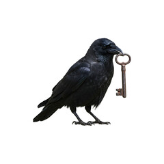 Fototapeta premium Black crow holding key in beak isolated on white background for mystery, gothic, and symbolic fantasy concepts