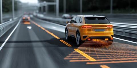 Obraz premium Futuristic SUV Using Advanced Technology for Lane Detection on a Highway with Enhanced Safety Features and Smart Navigation Systems