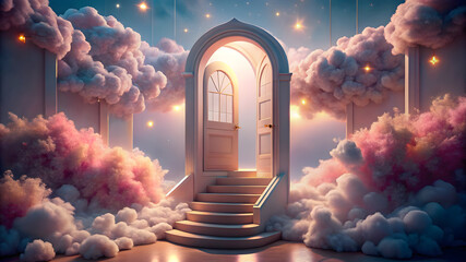 Open doorway with stairs surrounded by pink and white clouds and glowing stars dreamlike
