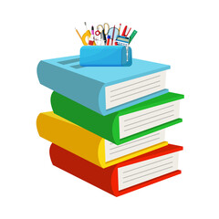 Stack of colorful books with pencil holder isolated on transparent background