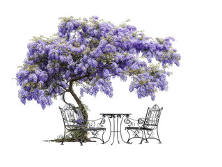 Romantic garden setting with a blooming purple wisteria tree shading an ornate black wrought iron bistro set.