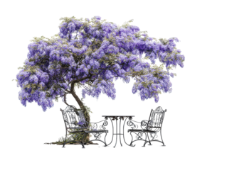 Romantic garden setting with a blooming purple wisteria tree shading an ornate black wrought iron bistro set.