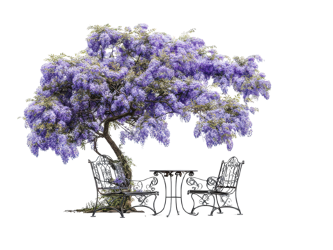 Romantic garden setting with a blooming purple wisteria tree shading an ornate black wrought iron bistro set.