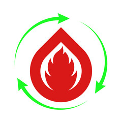Red flame symbol with green recycling arrows isolated on transparent background