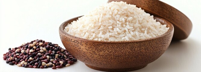 Wooden Bowl of White Rice with Quinoa, Food Photography, Close-up, Grain, Diet Rice, Quinoa