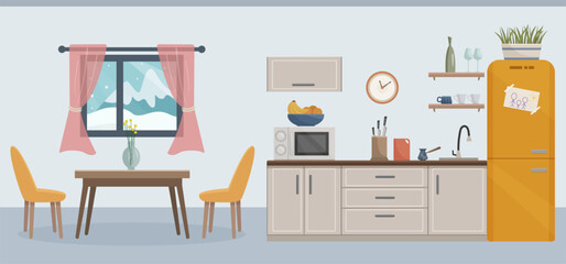 Flat vector illustration of a cozy modern kitchen interior with dining table, chairs, refrigerator, microwave, shelves, and winter landscape outside the window. Minimalist home decor. Kitchen decor.