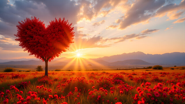 Roter herzf&ouml;rmiger Baum im Sonnenuntergang &uuml;ber Blumenfeld - Wallpaper Design - Harmonisches Hintergrundbild