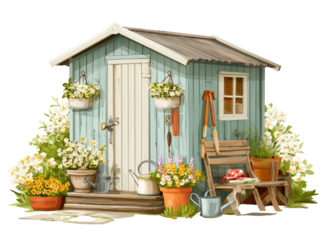 A quaint light blue wooden garden shed adorned with blooming flowers pots watering cans and gardening tools in a charming illustration style.