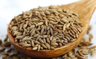 Wooden Spoon of Caraway Seeds Close-Up Macro Photography, Spice, Herb, Caraway Seeds. Caraway,Spice