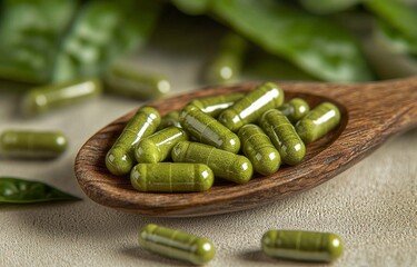 Wooden Spoon of Green Capsules Herbal Supplement Photography, Close-up, Natural Medicine Herbal Supplements, Capsule Photography