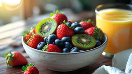 Healthy Breakfast Vibes fresh fruit bowl with strawberries, blueberries, and sliced kiwi on a wooden table, beside a glass of orange juice and a folded white linen napkin, soft morning sunlight