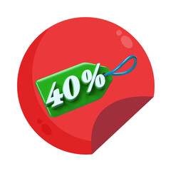 Red sticker with 40 percent discount isolated on transparent background