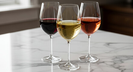 Three wine glasses with red, white, and rosé wine on a marble table