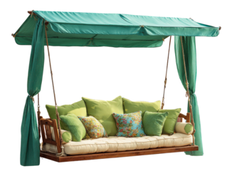 Elegant wooden hanging daybed swing with a green fabric canopy and plush assorted pillows.