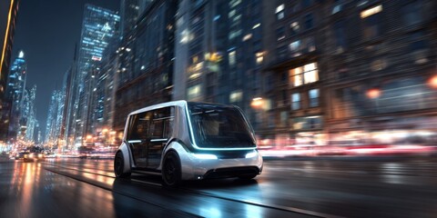 Fototapeta premium Futuristic Autonomous Vehicle Driving Through Urban Cityscape at Night with Blurred Motion Effect in a Vibrant Metropolitan Environment