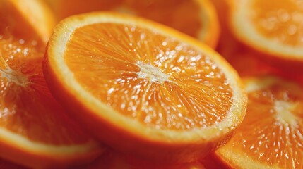 Sliced juicy orange close up for vitamins, freshness, background with other slices, healthy eating
