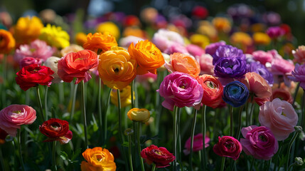 A rainbow of ranunculus flowers in a lush garden