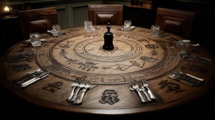 Ornate round table with etched design, place settings