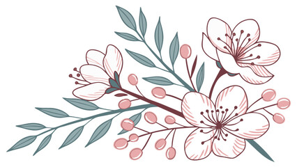 delicate cherry blossom flowers with teal green branches in watercolor botanical style illustration design and isolated on white background. 