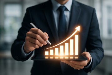 Businessman using digital tablet with stylus to display glowing upward bar chart symbolizing financial growth success analytics performance improvement and positive business development