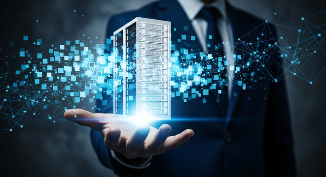 Businessman holding a glowing server rack with digital data streams flowing around it