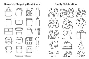 Obraz premium Reusable shopping containers and family celebration icon set