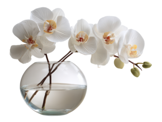 Elegant white Phalaenopsis orchids with speckled centers in a clear round glass vase.