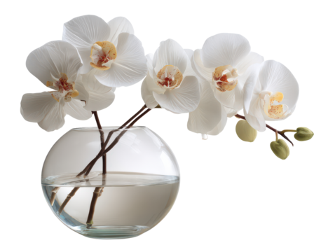 Elegant white Phalaenopsis orchids with speckled centers in a clear round glass vase.