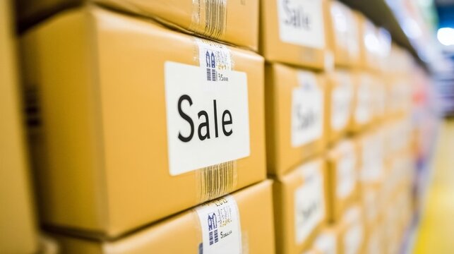 A stack of boxes with the word Sale written on them. The boxes are piled on top of each other, creating a sense of abundance and value