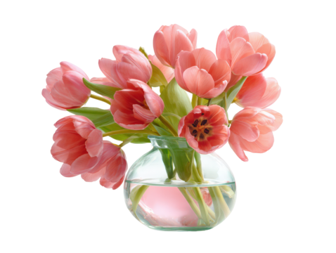 Elegant bouquet of blooming pink tulips with visible stamens in a transparent round glass vase.
