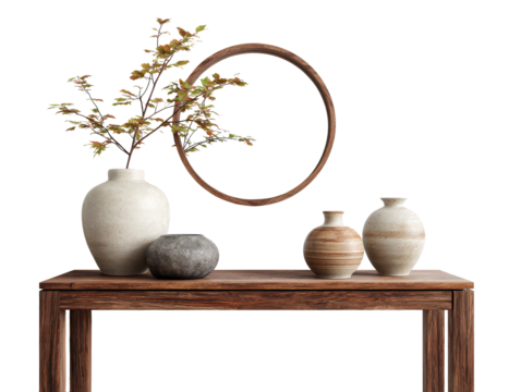 Rustic wooden console table with a collection of ceramic vases a leafy branch and a round mirror.