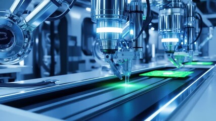 Advanced robotic arm assembling green circuit board in modern high-tech electronics manufacturing facility, 4k