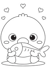 Coloring book page of cute duck holding fish with love bubble.