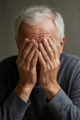 Uomo anziano con capelli bianchi che si copre il viso con le mani.