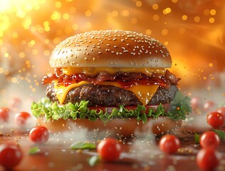 Mouthwatering cheeseburger with bacon and fresh tomatoes for food advertising