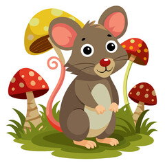 Adorable Cartoon Mouse Among Colorful Mushrooms; Whimsical, Childlike Illustration