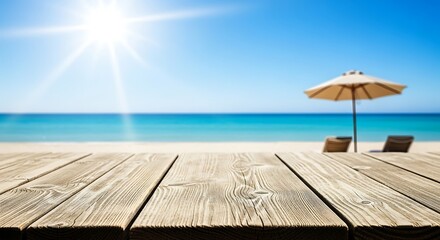 Fototapeta premium Wooden table top with blurred beach and sun background for product display in summer vacation