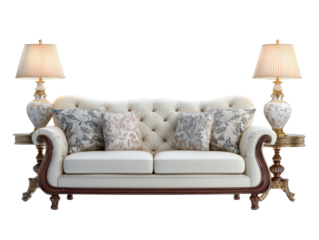 Elegant white leather tufted sofa with a carved wood frame patterned cushions and two ornate side lamps.