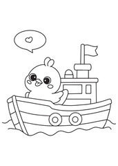 Coloring book page of cute duck on boat with love bubble.