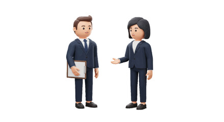 Two 3d business people standing and talking, one holding a clipboard. plain white background