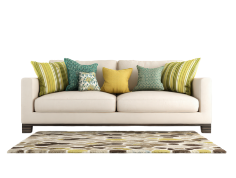 Modern white fabric sofa with colorful green and yellow pillows on a patterned area rug.