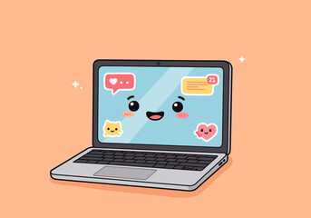 Animated laptop with cute expressions and chat bubble elements – modern tech-based visual with a playful illustration