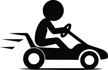 Stickman driving go kart racing vehicle in motion with speed lines, motorsport competition, and fast driving silhouette icon