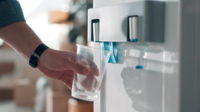 Hands, cup and water dispenser at office for hydration, wellness and break with tap at company. Person, container and machine for liquid, gut health and drink at workplace for e commerce startup