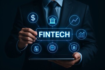 Businessman holding tablet with stylus showing virtual fintech interface including financial growth security banking and digital transaction icons representing modern financial technology solutions